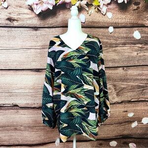 Belongsci Women’s Green Tropical Leaves V-Neck Dropped Sleeves Tunic XXL